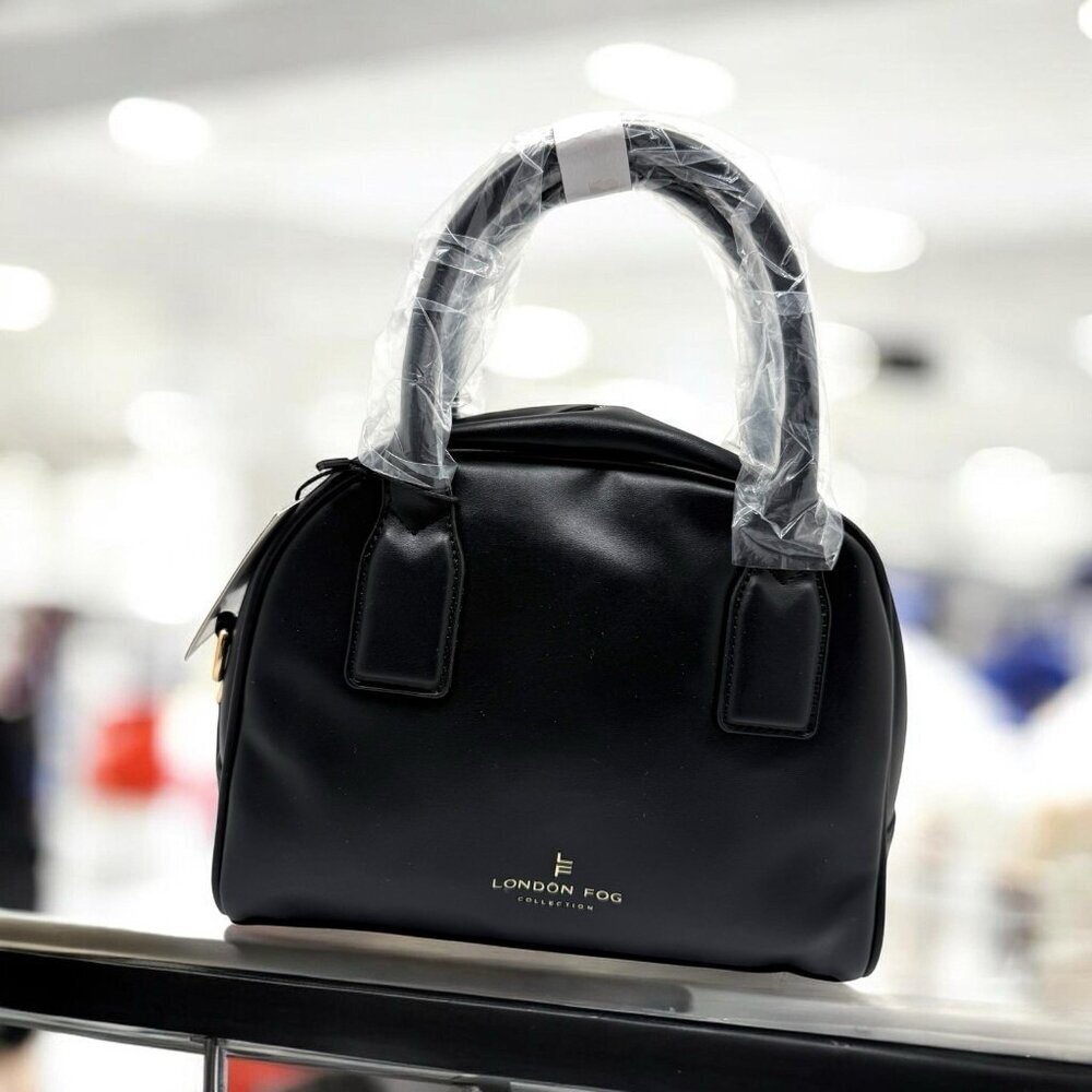 London Fog Doctor Bag Mini Smooth PU Satchel Black Crossbody Top Handle Bag NWT